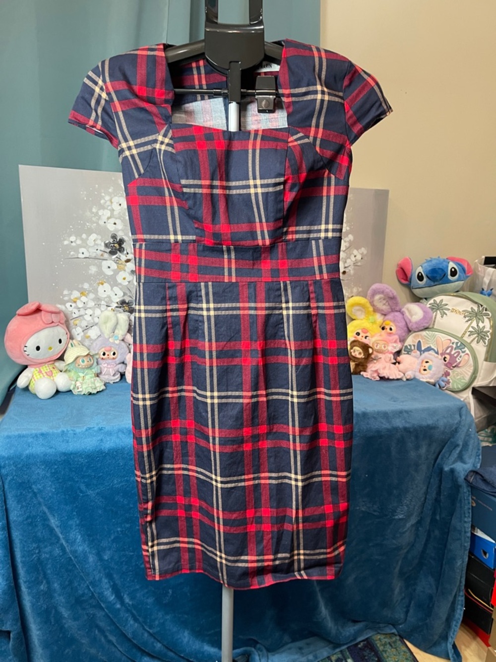 Grace Karin Navy and Red Plaid Fit-and-Flare Dress size small